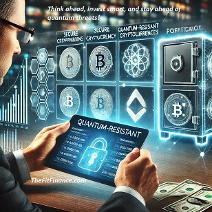 Smart Crypto Investing in the Quantum Era Investor reviewing a secure cryptocurrency portfolio dashboard with quantum-resistant protection.