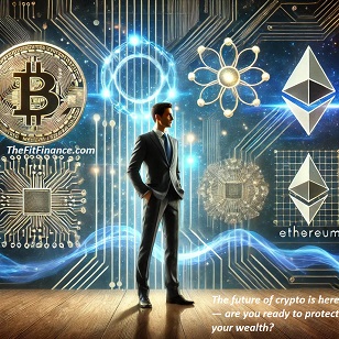 Quantum-Ready Investor: Securing the Future of Crypto Futuristic investor standing confidently in front of a quantum-powered digital display showcasing cryptocurrency security.